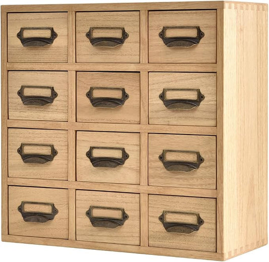 KIRIGEN Wooden Storage Cabinet, 12-Drawer Desktop Organizer Natural 12CG-NA | 12 Mini Drawers with Metal Label Holder Pulls for Cards, Crafts, Tea Bags, Jewelry, Office Supplies, and Small Parts by KIRIGEN