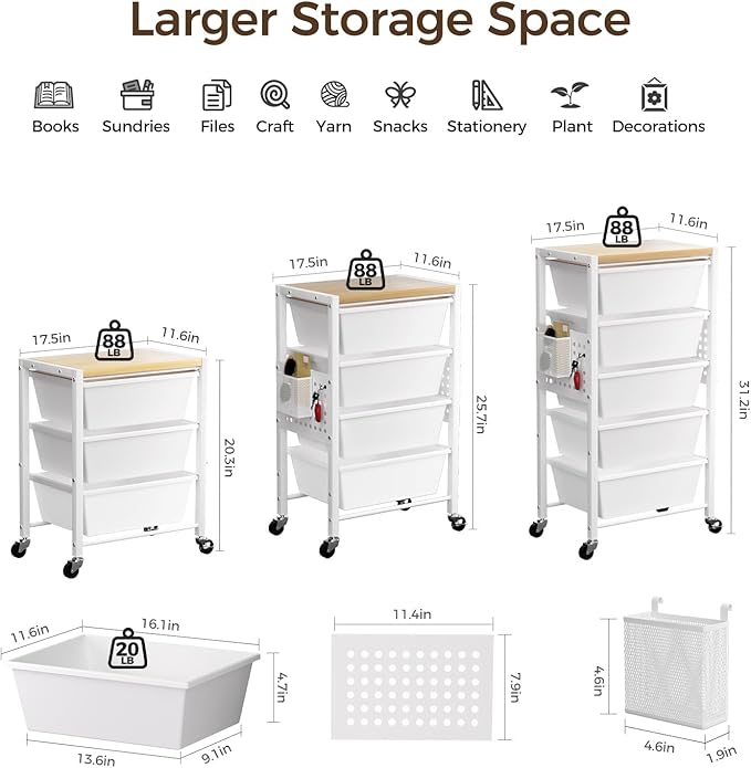 Rolling Cart with 4 Drawers, Plastic Drawer Storage Carts with Wheels & Wooden Tabletop, Metal Utility Cart with Pegboards, Office Living Room Classroom Craft Organization and Storage, Bright White - Image 3
