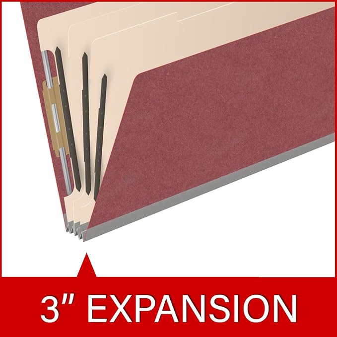Ecom Folders End Tab Pressboard Classification Folders | Legal Size 25 Pt Type III Stock with 3 Dividers & 3" Tyvek Expansion | 2 Fasteners Pos 1 & 3 for Medical & Office Docs | Dark Red, Box of 10 - Image 7