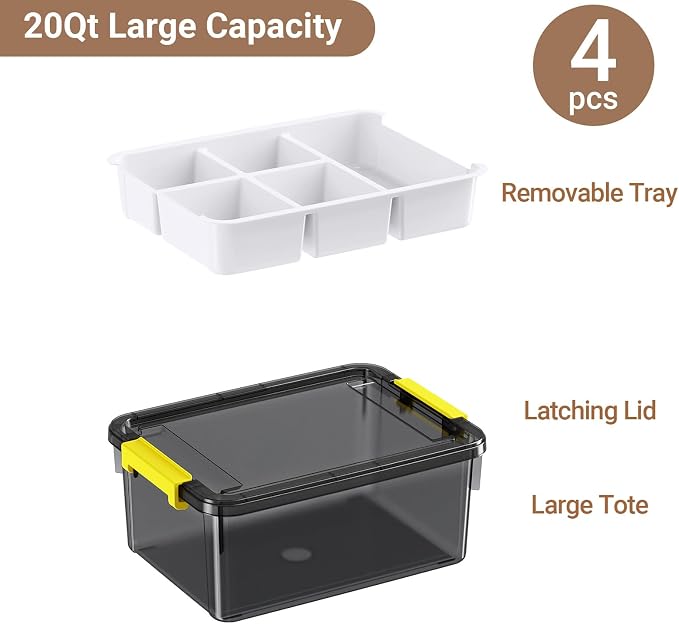 80Qt Stackable Storage Bins with Lids Trays Craft Box Organizers, 4Pack,GY | Clear Plastic Latching Boxes Organizers with Dividers Portable Containers for Arts & Crafts, Home Office Classroom Car Trunk - Image 2