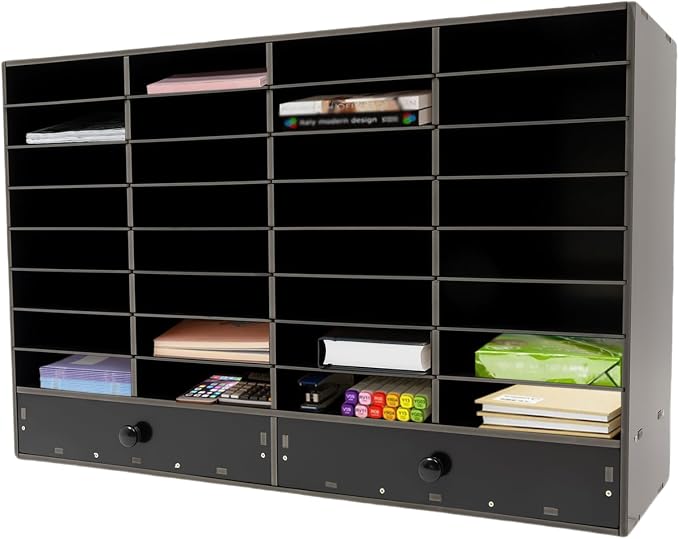 Mail Sorter Organizer, Black Student Mailbox for Classroom, Desktop File Sorter, Literature Organizer, Paper Organizer for Home School Office (Black 32 Compartment with 2 Drawers) by MhdunueSK
