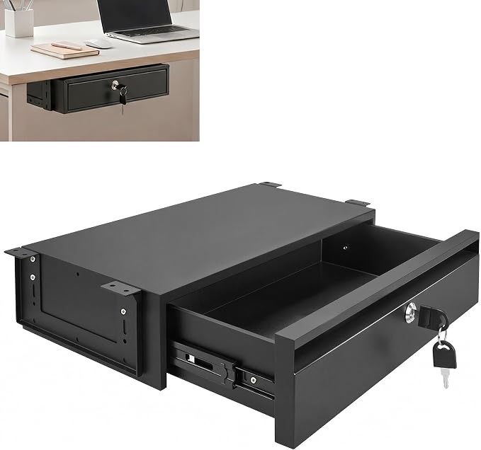 POPMOON 16in Under Desk Drawer with Lock Pull Out Storage Organizer | Carbon steel under desk drawer with lock,smooth slide rails, adjustable mounting height, supports up to 33 lb by POPMOON
