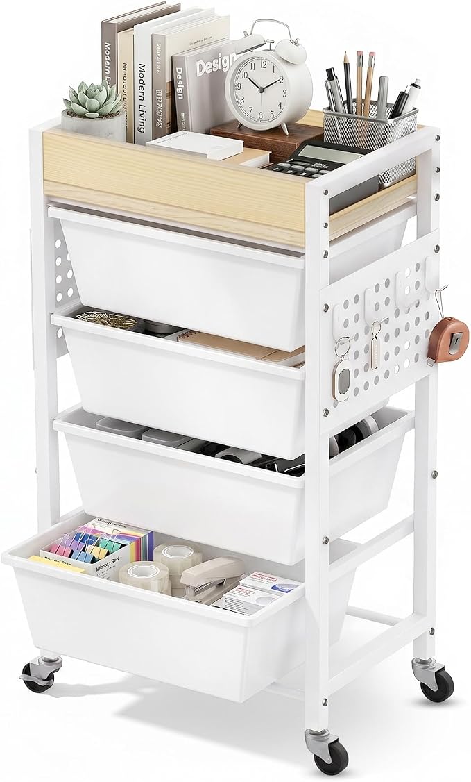 5 Tier Rolling Cart with Drawers, Plastic Drawer Storage Craft Cart with Pegboards & Hooks, Metal Utility Cart with Wheels & Wooden Tabletop, Classroom Office Art Supply Organizers and Storage, White by TimeForest