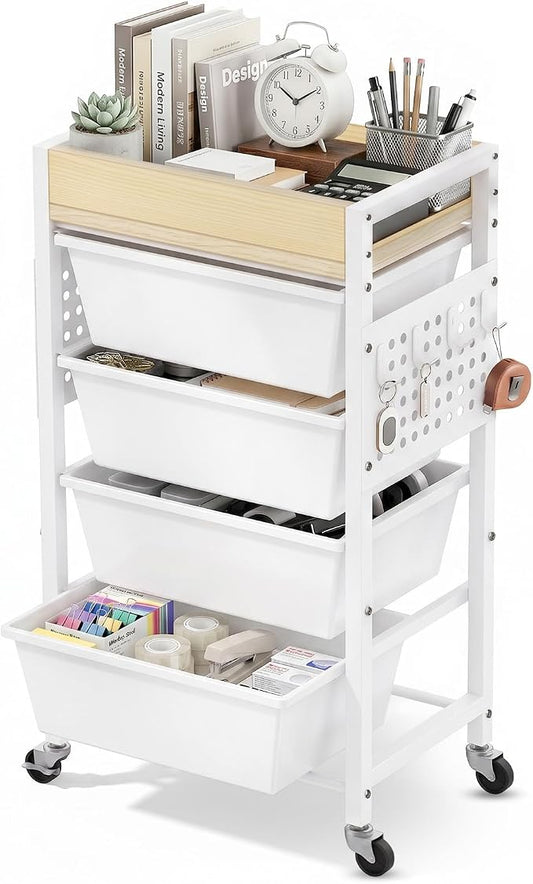 5 Tier Rolling Cart with Drawers, Plastic Drawer Storage Craft Cart with Pegboards & Hooks, Metal Utility Cart with Wheels & Wooden Tabletop, Classroom Office Art Supply Organizers and Storage, White by TimeForest