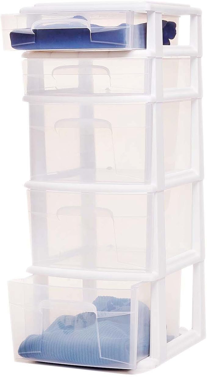HOMZ 2-Pack Drawer Tower, 5-Tier Clear Plastic Storage Organizer Unit, White Frame - Multi-Purpose Container Drawers for Kitchen, Bathroom, and Office Organization - Image 5