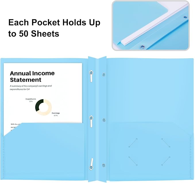 ViVin Heavy Duty 2-Pocket Folders with Brads, Pastel Color, 12-Pack, Durable Plastic Folder with 3-Prong Fasteners, Holds US Letter Size Paper, for School, Home and Office (Light Blue) - Image 3