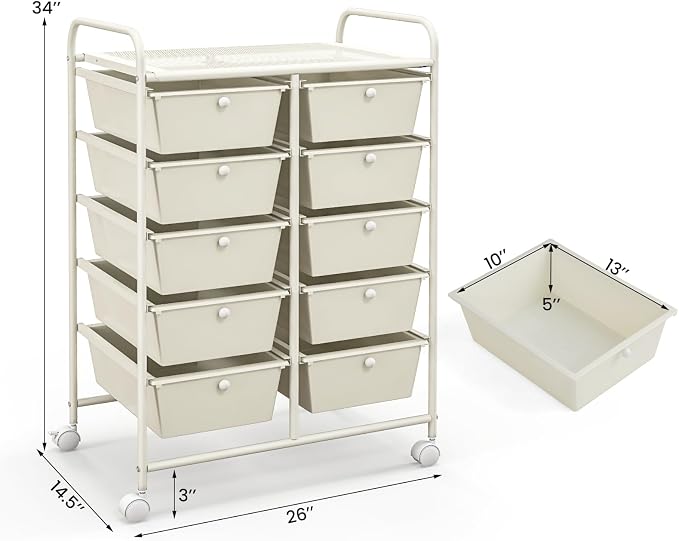 Giantex 10 Drawers Rolling Cart, Classroom Organizers, Storage Cart with Wheels, for Teacher Office Home School Supplies Tool Craft Art Paper, Ivory Color - Image 3
