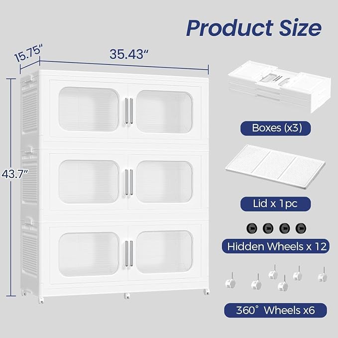 150Gal Exra Large Stackable Storage Bins with Lid, 600QT Collapsible Storage Box with 6x Wheels, Folding Plastic Cabinet Container with Door Drawer for Home Kitchen Office Dorm, 3Pack White - Image 2
