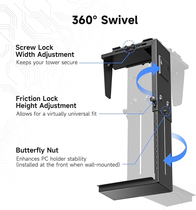 Suptek Adjustable Under Desk and Wall PC Mount,3.94 to 11.61 inch Wide Computer Case CPU Hanger Holder 360 Degree Rotatable Under-Desk PC Hanging Stand Holder Mount (ZJJ001XL) - Image 3