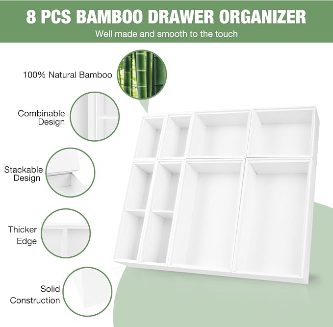 Bamboo Drawer Organizer Set, 8 PCS White Multi-Use Wood Drawer Storage Kitchen Boxes, Junk Drawer Organizer Divider Bins for Bathroom, Office Desk, Makeup, Jewelry, Utensils - Image 3