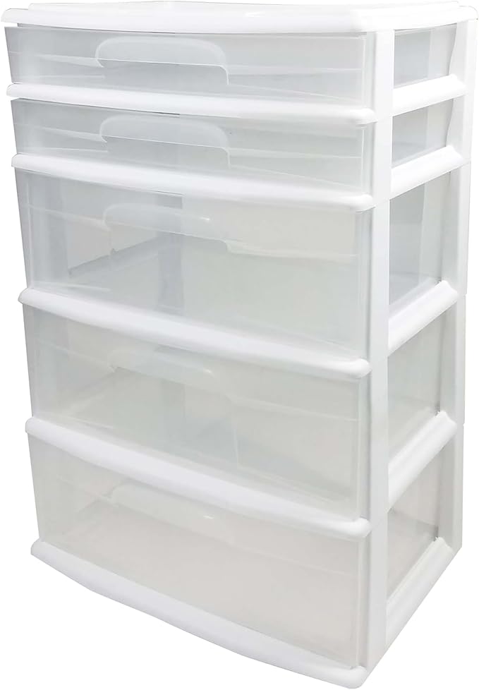 HOMZ Drawer Tower, 5-Tier Storage Cart with Removable Wheels, White Frame | Extra-Wide Plastic Organizer with Clear Bin Drawers for Bedroom, Bathroom, Home Office, and Dorm Rooms by Homz