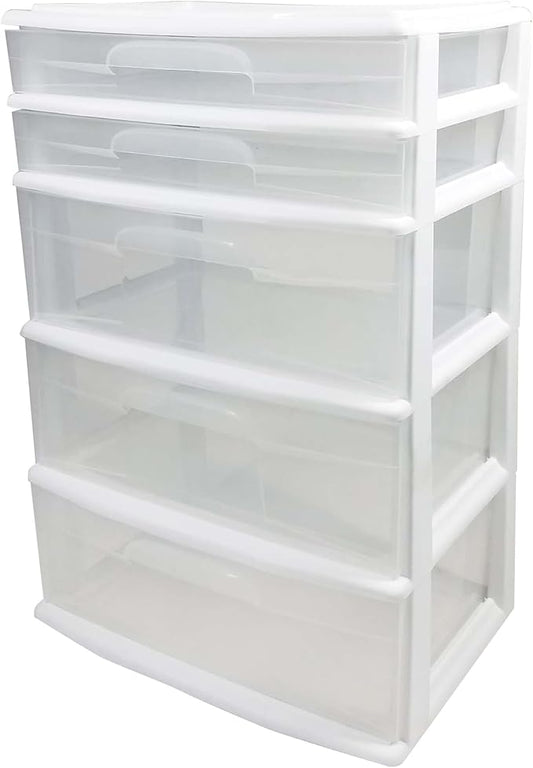 HOMZ Drawer Tower, 5-Tier Storage Cart with Removable Wheels, White Frame | Extra-Wide Plastic Organizer with Clear Bin Drawers for Bedroom, Bathroom, Home Office, and Dorm Rooms by Homz