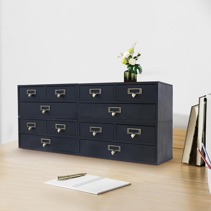 4-Piece Desktop Organizer Set with 3 Drawers, Wood & Metal Drawer Storage, Wooden Desktop Organizer for Store Cosmetics, Jewelry, Letters, Papers, Tea Bags, Sugar Packets (Black) - Image 4