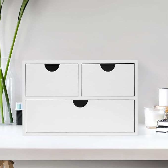 Rustic Distressed white 3-Tier Wood Desk Organizer with 3 Drawers Mini Storage Shelf For Desk, Toiletries Vanity Office Supplies (white) - Image 2