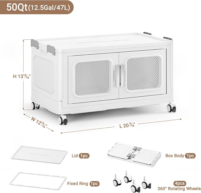 BROVIEW 50 Qt/12.5 Gal Stackable Storage Bins with Lids, 1 Pack, White | Small Stackable Storage Boxes w/ 1 Lid Folding Plastic Cart Organizer for Home Kitchen, Open Front Clear Door with Wheels - Image 2