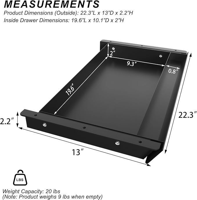Large Under Desk Mounted Sliding Drawer with Pencil Tray and 60 Degree Tilt Panel to Pull Out, 22'' Long & 13'' deep Large Storage Organizer for Sit Stand Workstation - Image 2