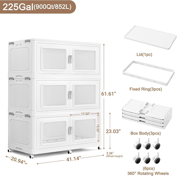 BROVIEW 900 Qt Extra Large Stackable Storage Bin with 1 Lid, 3 Pack White | 225Gal Extra Large, Collapsible Storage Boxes with 1 Lid, Folding& Rolling Plastic Drawer, Heavy-Duty Cabinet Organization - Image 2