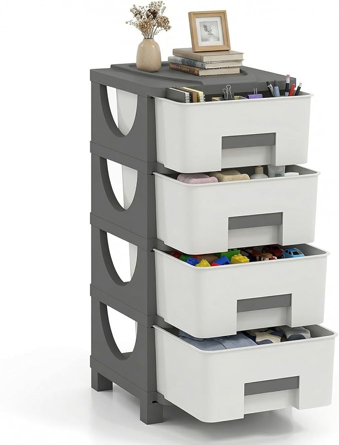 Giantex 4-Drawer Storage Organizer, Plastic Storage Tower with Drawers, Multi-Purpose Container Box for Office, Bathroom Living Room, White+Grey by Giantex