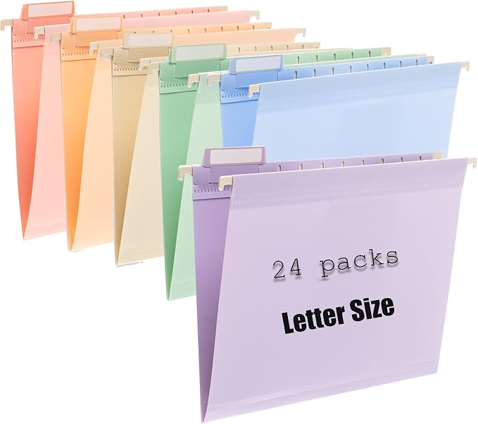 24 Plastic Letter Sized Hanging Folder with Labels, Dopamine Color | Keeps paperwork organized with vibrant color coding for quick identification at home, school, or work. by FeiBi
