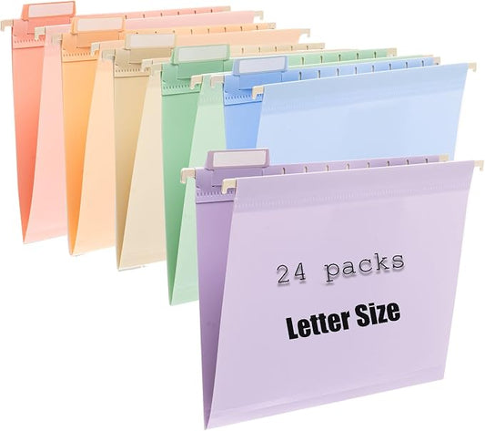24 Plastic Letter Sized Hanging Folder with Labels, Dopamine Color | Keeps paperwork organized with vibrant color coding for quick identification at home, school, or work. by FeiBi