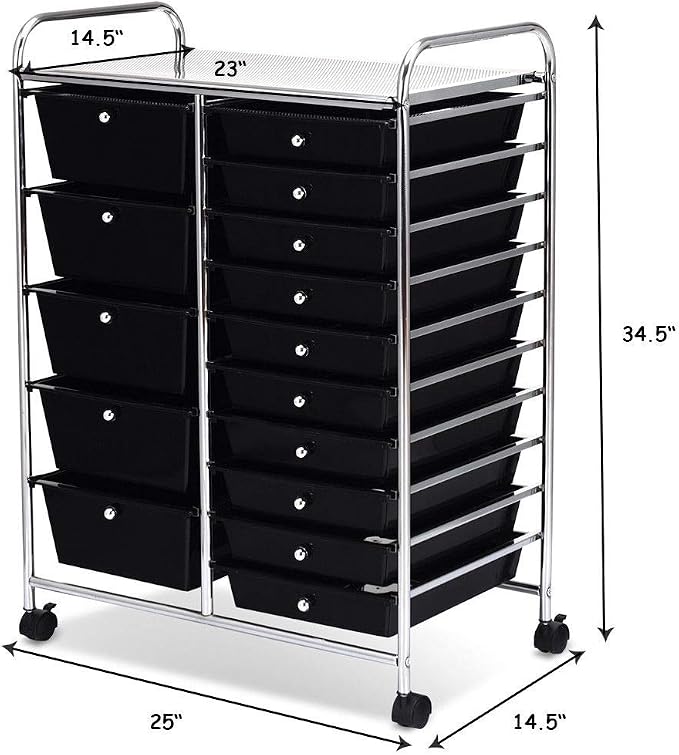 COSTWAY 15 Drawer Rolling Storage Cart, Mobile Utility Cart with Lockable Wheels, Drawers, Multipurpose Organizer Cart for Home, Office, School, Black - Image 10