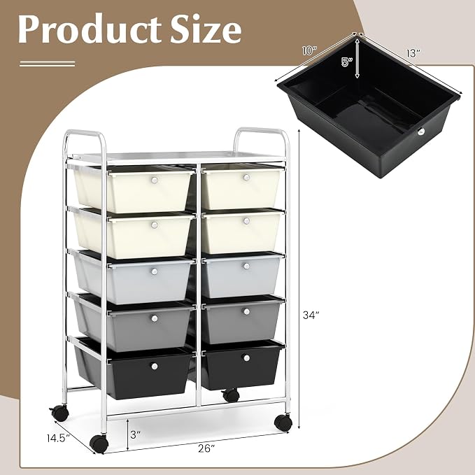 COSTWAY 10 Drawer Rolling Storage Cart, Utility Cart with Lockable Wheels | Mobile Art Supply Craft Organizer with Metal Frame, Multipurpose Drawer Cart for Paper for Office, School, Gray Gradient - Image 3