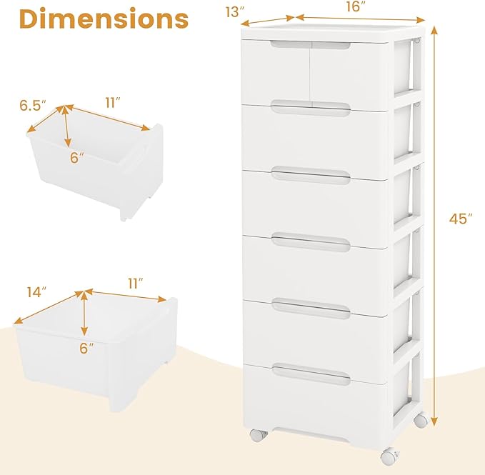 7-Drawer Plastic Rolling Storage Cart (16"x13"x45") | Mobile Storage Cabinet | Vertical Storage Tower Container Unit | 4 Universal Wheels | For Living Room, Home Office - Image 3