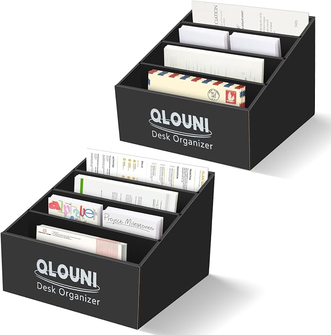 4 Pack Desktop Mail Organizer, 4-Compartment Stepped Mail Sorter for Desk, Letter Holder for Bills, Envelopes, Papers and Documents, Home Office, Reception, Entryway and Countertop, Dorms by QLOUNI