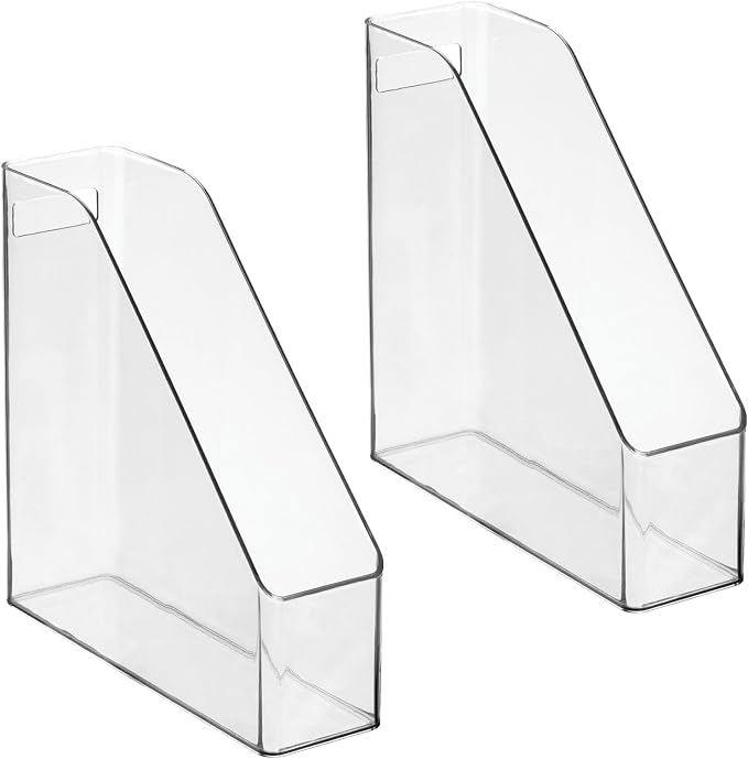 mDesign Plastic Slim Vertical File Folder Storage Organizer Bin with Handle - Hold Notebooks, Binders, Envelopes, Magazines for Home Office, Work Desktops, Ligne Collection, 2 Pack, Clear - Image 8