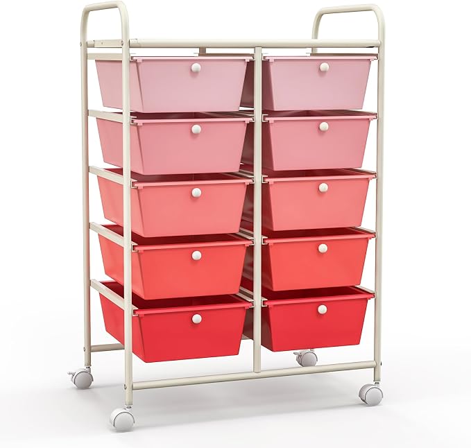 Giantex 10 Drawers Rolling Cart, Classroom Organizers, Storage Cart with Wheels, for Teacher Office Home School Supplies Tool Craft Art Paper, Pink Gradient - Image 10