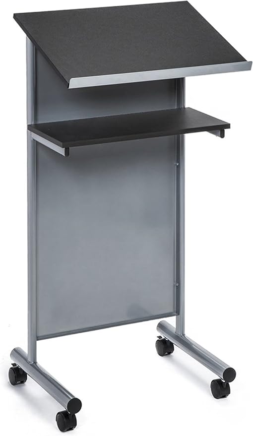 Wheeled Lectern Podium - Standing Desk with Storage Shelf - Silver/Black - Ideal for Presentations and Laptop Use by Audio-VisualDirect