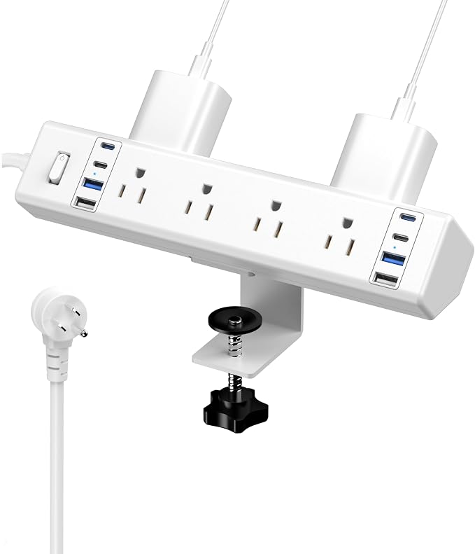 VILONG Desk Clamp Power Strip, Edge Mount, 8AC, 8USB (4 USB-C), 1200J | 40W Fast Charging Station, 6FT 14AWG Cord, Fits 1.9" Desk Edge, Home Office Workstation, White, ETL Listed by VILONG
