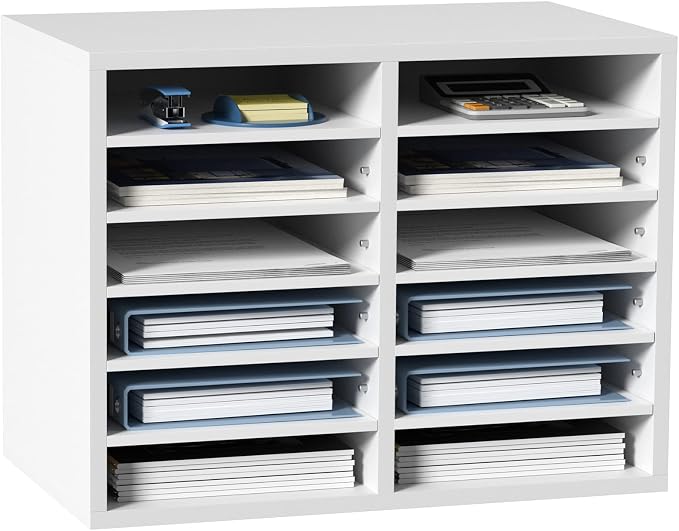 VEVOR Literature Organizers, 12 Compartments Office Mailbox with Adjustable Shelves, Wood Literature Sorter 20.4x12x16.1 inches for Office, Home, Classroom, Mailrooms Organization, EPA Certified White by VEVOR