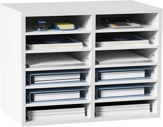 VEVOR Literature Organizers, 12 Compartments Office Mailbox with Adjustable Shelves, Wood Literature Sorter 20.4x12x16.1 inches for Office, Home, Classroom, Mailrooms Organization, EPA Certified White by VEVOR