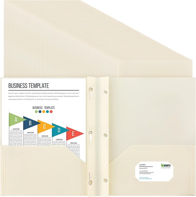 Cholemy 72 Packs Pocket Folders with Prongs Heavy Duty Plastic Folder with Business Card Slot 3 Prong Fasteners for School Office (Beige) by Cholemy