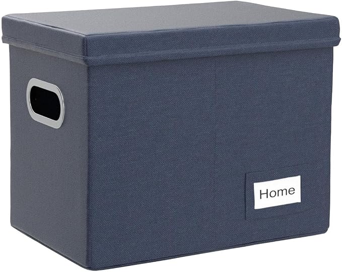 File Organizer Box - Set of 1 Collapsible Decorative Linen Filing Storage Hanging File Folders with Lids Office Cabinet Letter Size Navy Blue (14x9.3x10.8 inch) - Image 4