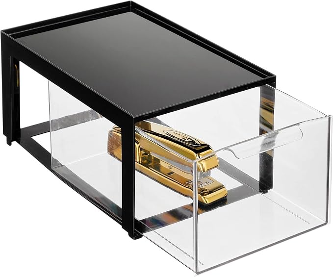 mDesign Plastic Desk Organizer and Storage Bin w/Pull Out Drawer - Stackable Office Storage Container for Office Supplies - Desktop Drawer Organizer - Lumiere Collection - 4 Pack - Black/Clear - Image 7