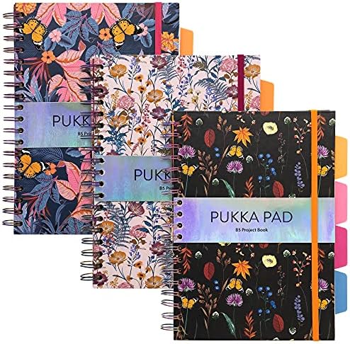 Pukka Pad 5 Subject Spiral Notebook 3-Pack - 200 Pages, 100 Sheets of 80GSM Paper with Repositionable Dividers & Perforated Edges for School & Office Planning & Organization - B5-7 X 10, Bloom by PukkaPad