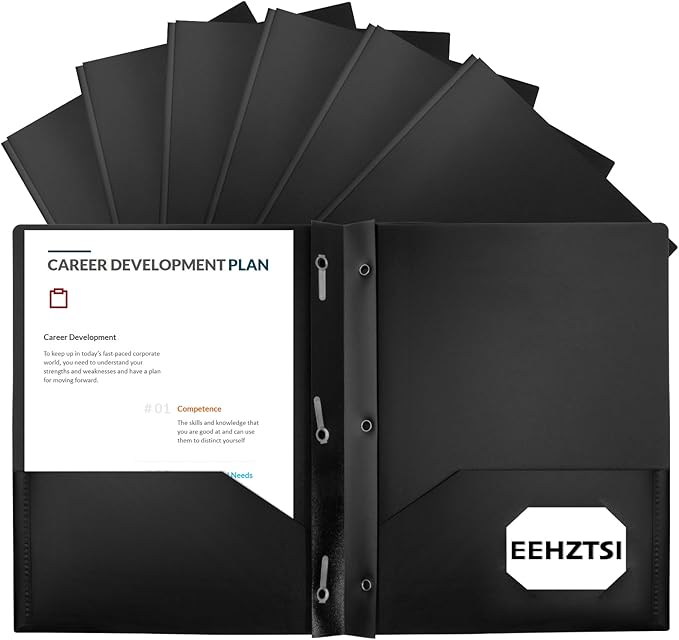 12-Pack Plastic Folders with Pockets and Prongs, 2-Pocket Poly Folders with 3 Fasteners Hold 8-1/2" x 11" Paper for School/Office/Home, Black by EEHZTSIOFFICE