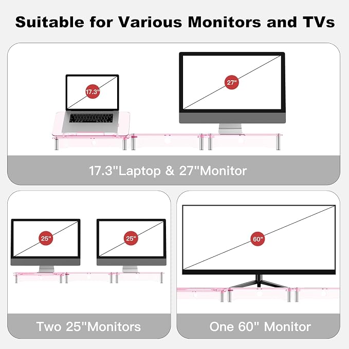 Pink Acrylic Dual Monitor Stand Riser,Laptop Riser Adjustable to 8 Angles | Double Computer monitor riser for desk for 2 Monitors,Desktop organizer Stand for Laptop,PC,Printer,TV，Cute Desk Accessories - Image 4