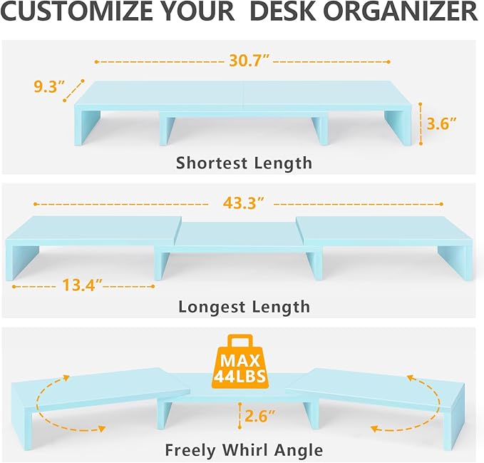 TAVR Dual Monitor Stand Riser, Wooden Computer Monitor Stand for 2 Monitors | Extra Long Multifunctional Desktop Organizer Riser for TV, PC Monitor, Laptop, Printer, Max 43.3" Length, Blue - Image 3