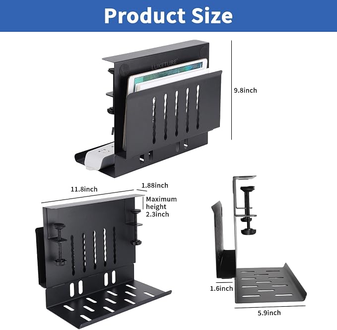 LUKETURE Desk Side Storage, Under Desk Laptop Mount with Cable Tray | 2-in-1 Steel laptop mount clamps to desk side, no drilling. Built-in cable tray hides cords. Holds 30 lbs, Office and Home - Image 3