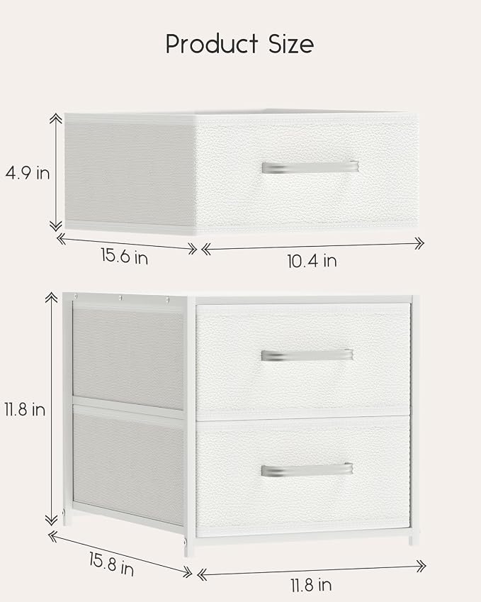 Stackable Storage Drawers - 2 Tier Closet Organizer with Metal Handles and Metal Frame, Fabric Dresser with Collapsible Bins for Bedroom, Dorm, Office, White, 2 Pack - Image 3