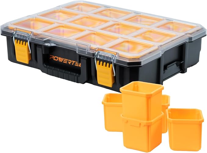 POWERTEC Small Parts Organizer & Tool Box – 10 Compartments, IP65 Water & Dust Protection, Stackable Storage with Interlocking Latch, Removable Tray, Clear Lid, Portable Design (72365) by POWERTEC