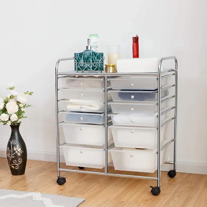 Moccha 12-Drawer Rolling Storage Cart - Under Desk Storage Drawers with wheels for Craft Art Supply Paper Salon, Scrapbook Paper Tools, Mobile Utility Cart for Classroom, Clear - Image 2