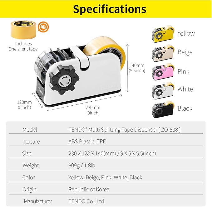 [TENDO°] TENDO Multi-Section Tape Dispenser, Custom Width Tape Cutter with 4 Cutting Sections, Built-in Safety Blade, Ergonomic Grip for Packing and Office Use, ZO-508(White) - Image 8
