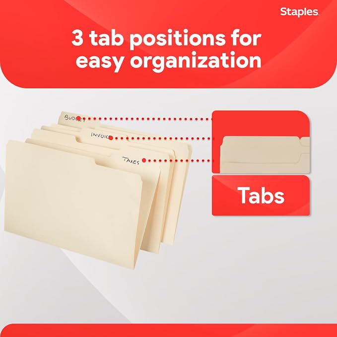 Staples Recycled File Folders, Legal Size, 1/3-Cut Tabs, Manila, 100/Bx | Manila stock with durable tabs for everyday document organization. - Image 5