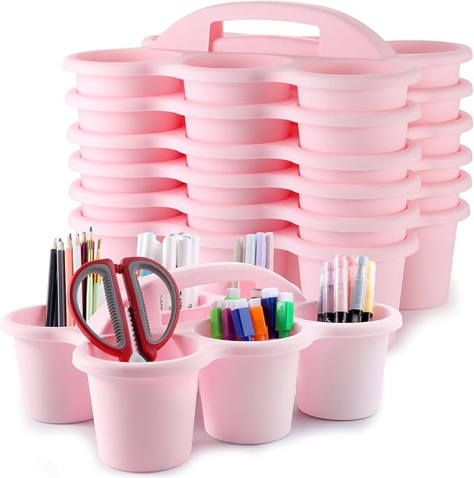 6 Pack Classroom Caddy with Handle Plastic Storage Caddy Organizer with 6 Compartments Drink Cup Caddies Holder Portable Storage Bin for Pencil, Crayon, Marker, Home, Office, School Supplies(Pink) by gisgfim