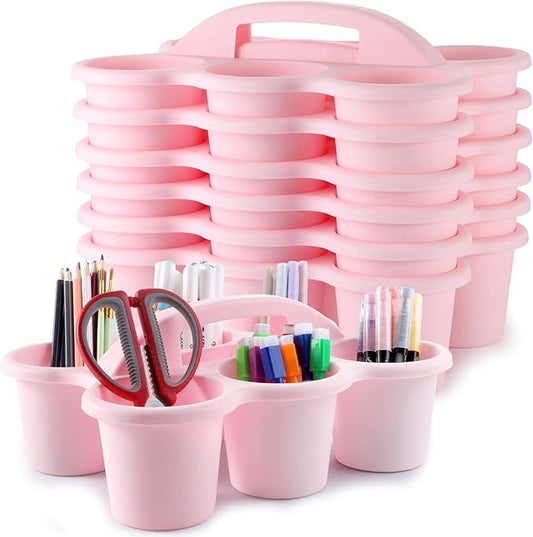 6 Pack Classroom Caddy with Handle Plastic Storage Caddy Organizer with 6 Compartments Drink Cup Caddies Holder Portable Storage Bin for Pencil, Crayon, Marker, Home, Office, School Supplies(Pink) by gisgfim