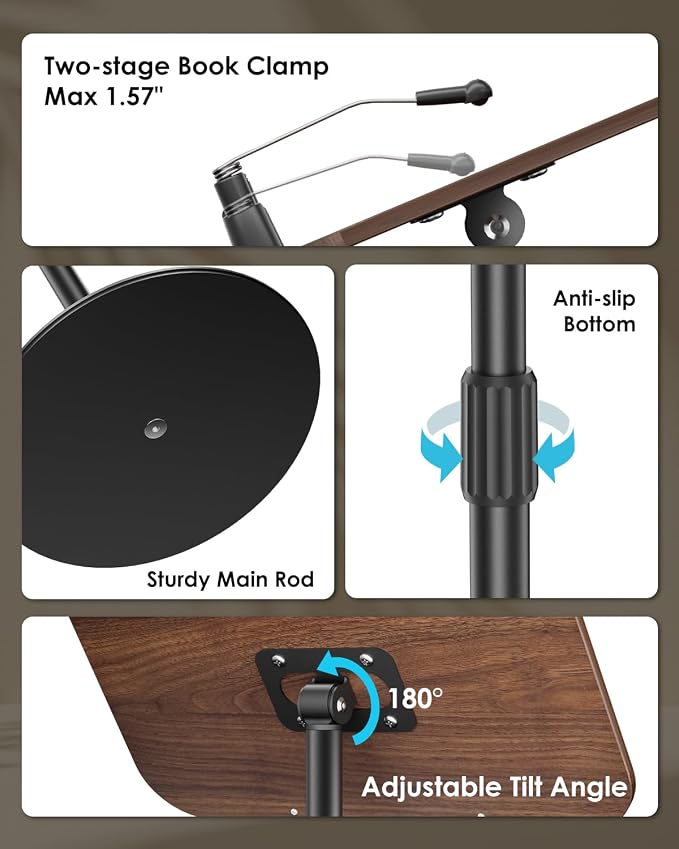 Viozon Floor Book Stand, Height Adjustable Reading Stand, Multi-Purpose Book Holder/Laptop Stand/Music Sheet Stand, 180° Tilt Desktop, Heavy-Duty Base, Two-Stage Page Clips for Thick Books - Image 4